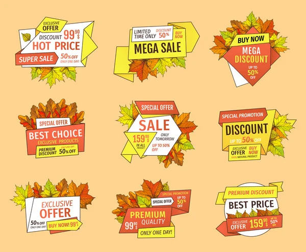 Thanksgiving Offer Sale Tags Adverts Exclusive Price Promotional Label Maple — Stock Vector