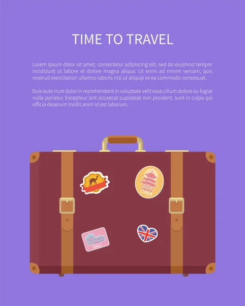 Tijd om te reizen van bagage met Stickers Poster Vector — Stockvector