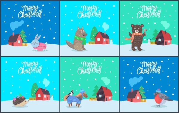 Merry Christmas Poster Met Dieren Vector Instellen Bunny Gebreide Trui — Stockvector