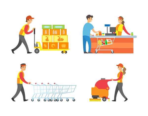 Supermarket Working People and Client Set Vector — Stock Vector