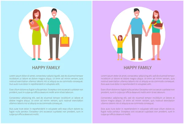 Familia feliz hace compras Vector padres y niña — Archivo Imágenes Vectoriales