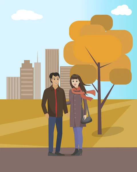 Para spacerująca w parku miejskim jesień razem wektor — Wektor stockowy