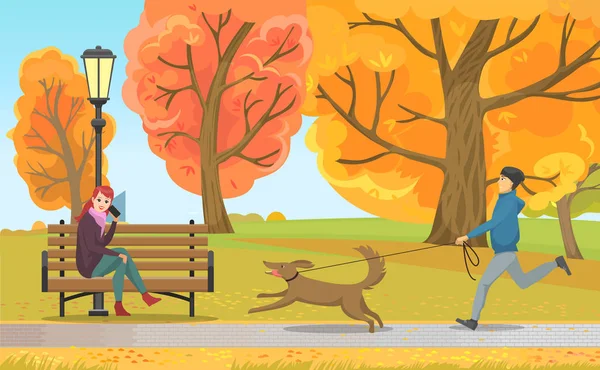 Hombre con perro y niña en el banco en Autumn Park — Vector de stock