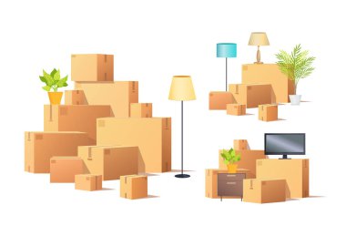 Moving In or Out Carton Boxes and Furniture Vector clipart