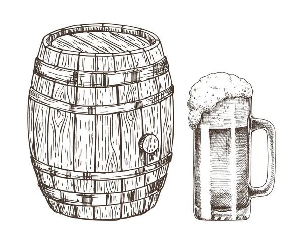 ビールとグラスの白で隔離ビールの樽 — ストックベクタ