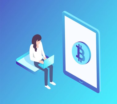 Bitcoin kadın Laptop vektör çizim ile