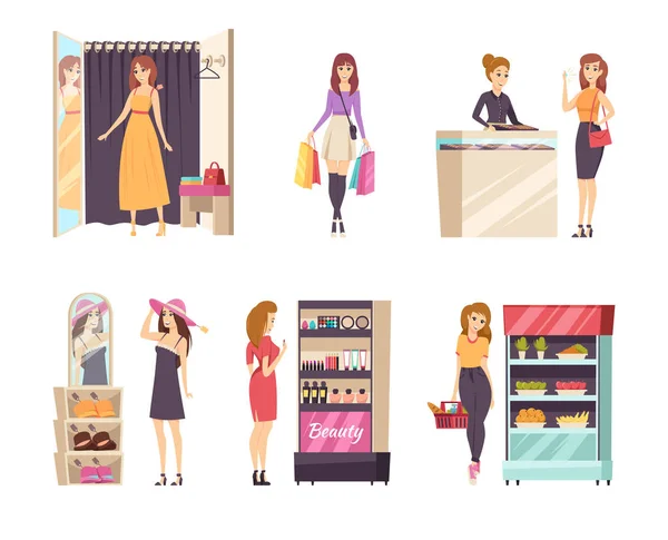 Shopping Female in Changing Room Ladies Set Vector — Stock Vector