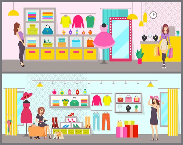 Mujer Compras en la marca Ropa Boutique Vector — Vector de stock