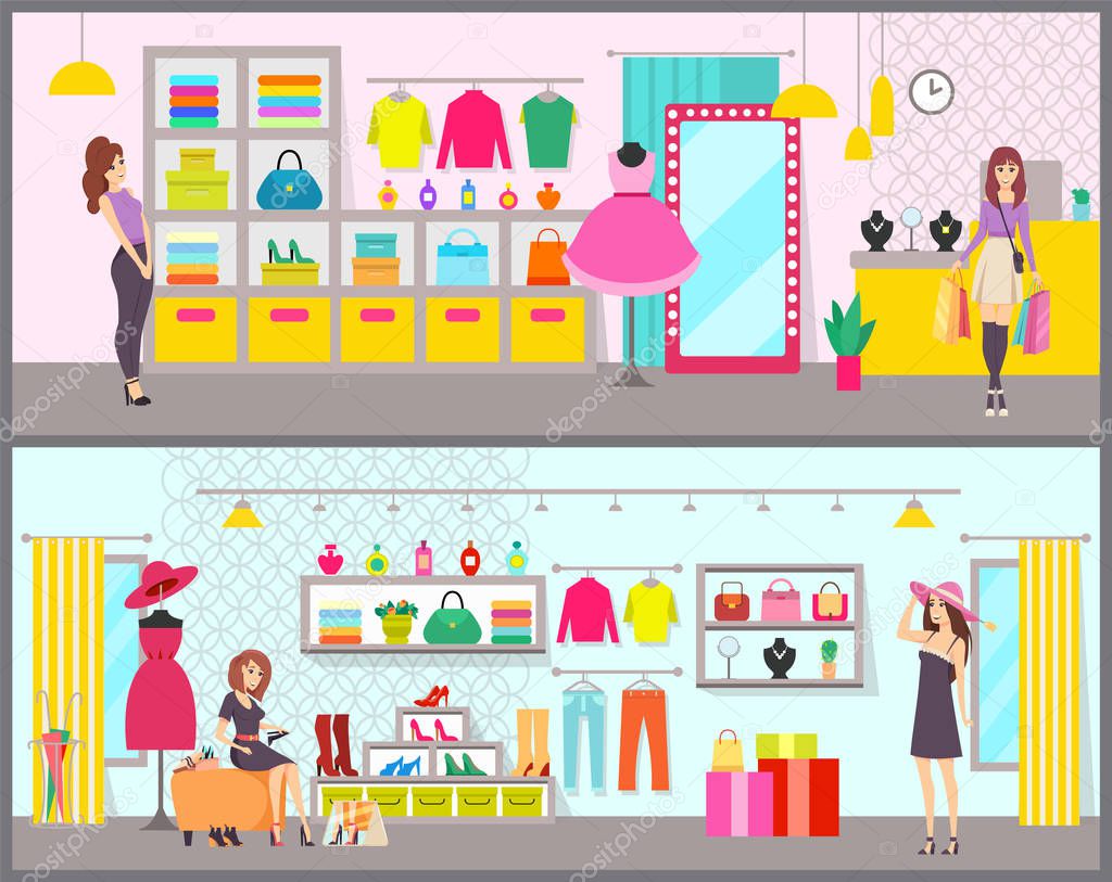 Woman Shopping in Brand Clothes Boutique Vector