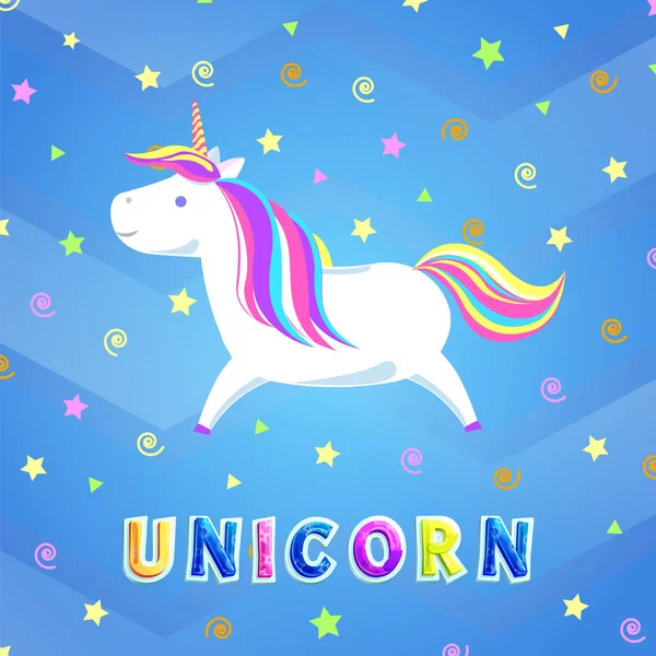 Unicorn dengan Rainbow Mane dan Sharp Horn Running - Stok Vektor