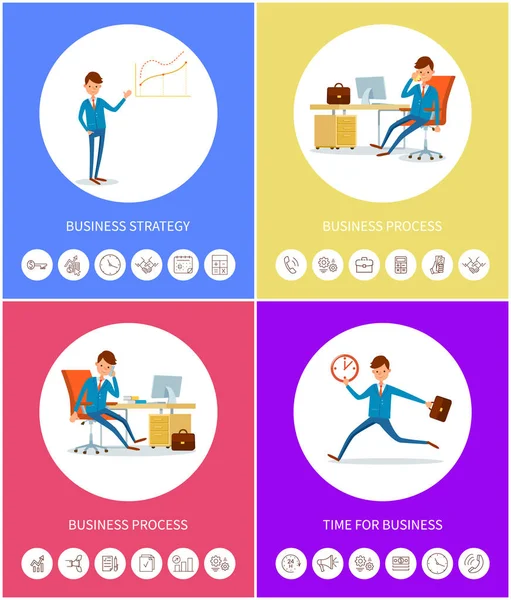 Stratégie et processus d'affaires, Icônes des hommes d'affaires — Image vectorielle