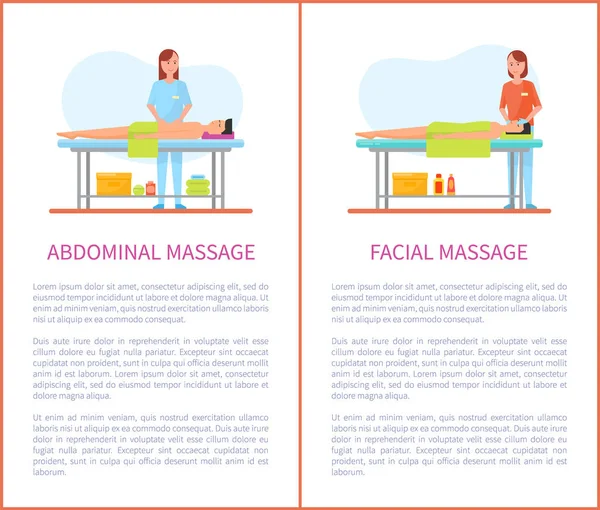 Abdominal, sesión de masaje facial Carteles de dibujos animados — Vector de stock