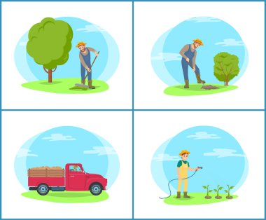 Araç ve makine karikatür çiftlikte çiftçi