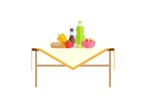 Sağlıklı yiyecek ve suyu şişe üzerinde masa örtüsü — Stok Vektör