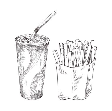 Cola kağıt bardak patates kızartması tek renkli simge ile