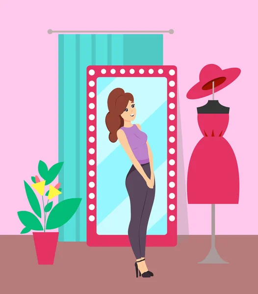 Kadın manken elbise mağaza vektör ile bakıyor — Stok Vektör