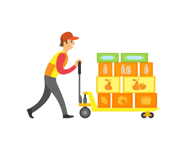 Trabajador de cargador en supermercado con vectores de cajas — Archivo Imágenes Vectoriales