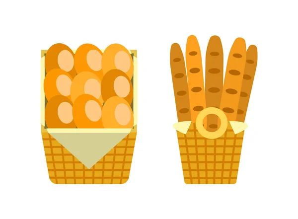 Baguettes y bollos en canasta de madera Vector Panadería — Vector de stock