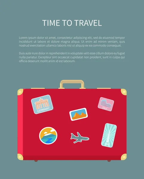 Tiempo para viajar equipaje con adhesivo Poster Vector — Archivo Imágenes Vectoriales