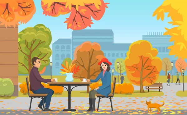 Πάρκο φθινόπωρο και ζευγάρι πίνοντας καφέ κοντά σε Cafe — Διανυσματικό Αρχείο