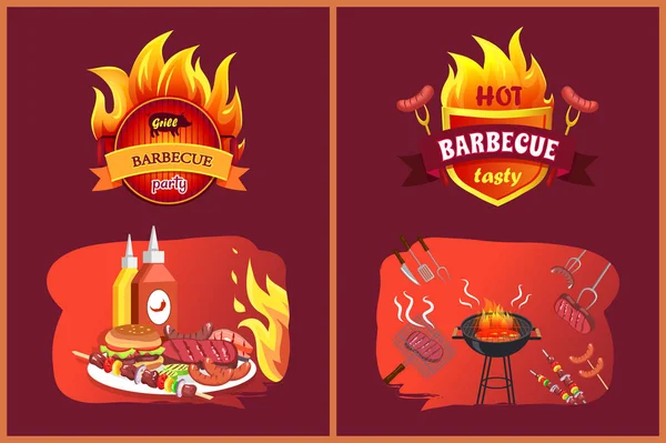 Ensemble de fête savoureux barbecue chaud Illustration vectorielle — Image vectorielle