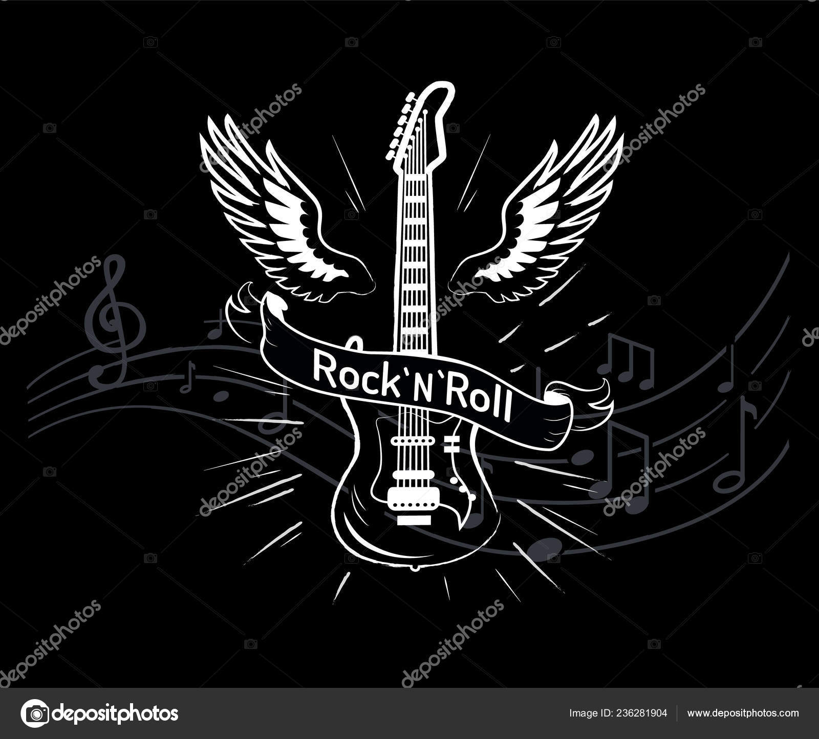 RocknRoll Music Style, Guitar with Wings Sketch Stock Vector by