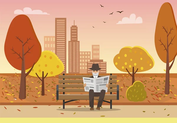 老人手里拿着报纸坐在板凳上 在秋城公园里的向量 摩天大楼和建设基础设施 树叶掉落的树木 — 图库矢量图片
