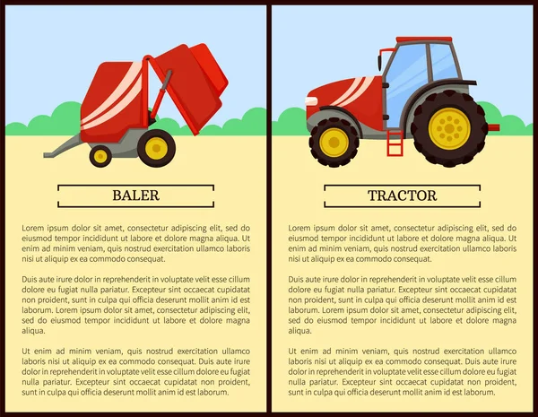 Baler Tractor Machines Posters Vehicle Driving Transporting Things Agricultural Machinery — Stock Vector