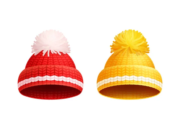 Knitted Red Yellow Hat with Pom-Pom Vector Icon — Stock Vector