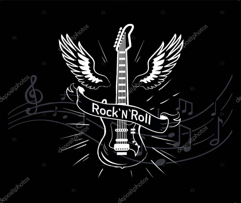Rocknroll music style, guitar with wings monochrome sketch outline vector. Winged musical instrument, jazz  rock sounds. Notes on sheet, tablature