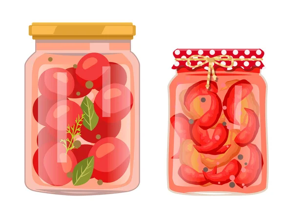 Conjunto de alimentos salados en vinagre de tomate y chile — Vector de stock