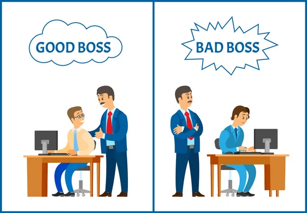 Jefe bueno y malo, comparando la actitud con el empleado — Vector de stock