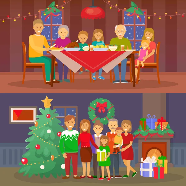 Christmas Family People Dining by Table Vector