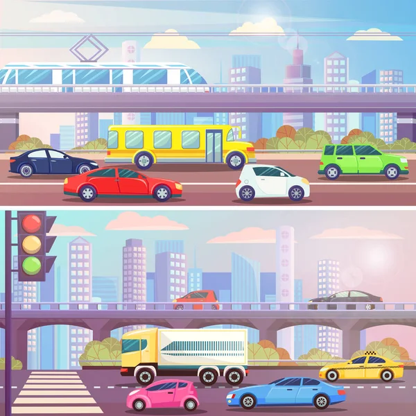 City Street with Traffic Transport Set Vector — Stock Vector