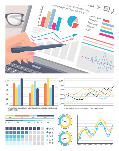 Infográficos na tela do portátil, análise de dados — Vetor de Stock
