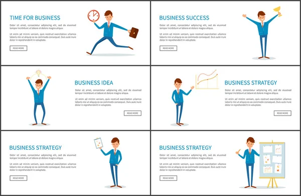 Tempo para negócios, conjunto de cartazes de estratégia de sucesso — Vetor de Stock