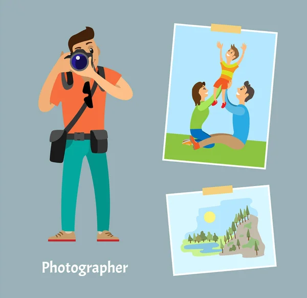 Photographer with Digital Camera and Photo Shots — Stock Vector