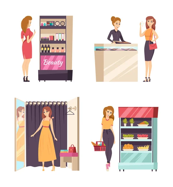 Femme Shopping Essayer vêtements robe Set vecteur — Image vectorielle