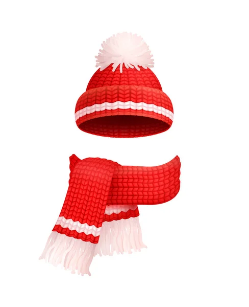 Chapeau rouge chaud d'hiver, pompon blanc, écharpe tricotée — Image vectorielle