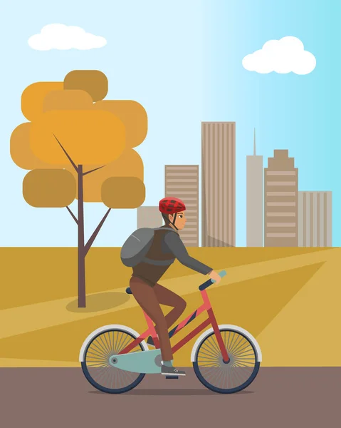 Autumn City Park y Guy en bicicleta de casco — Vector de stock