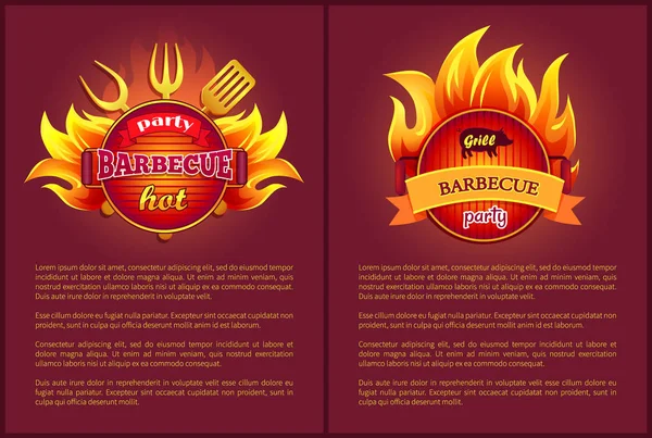 Icone vettoriali a barbecue caldo con badge brucianti — Vettoriale Stock