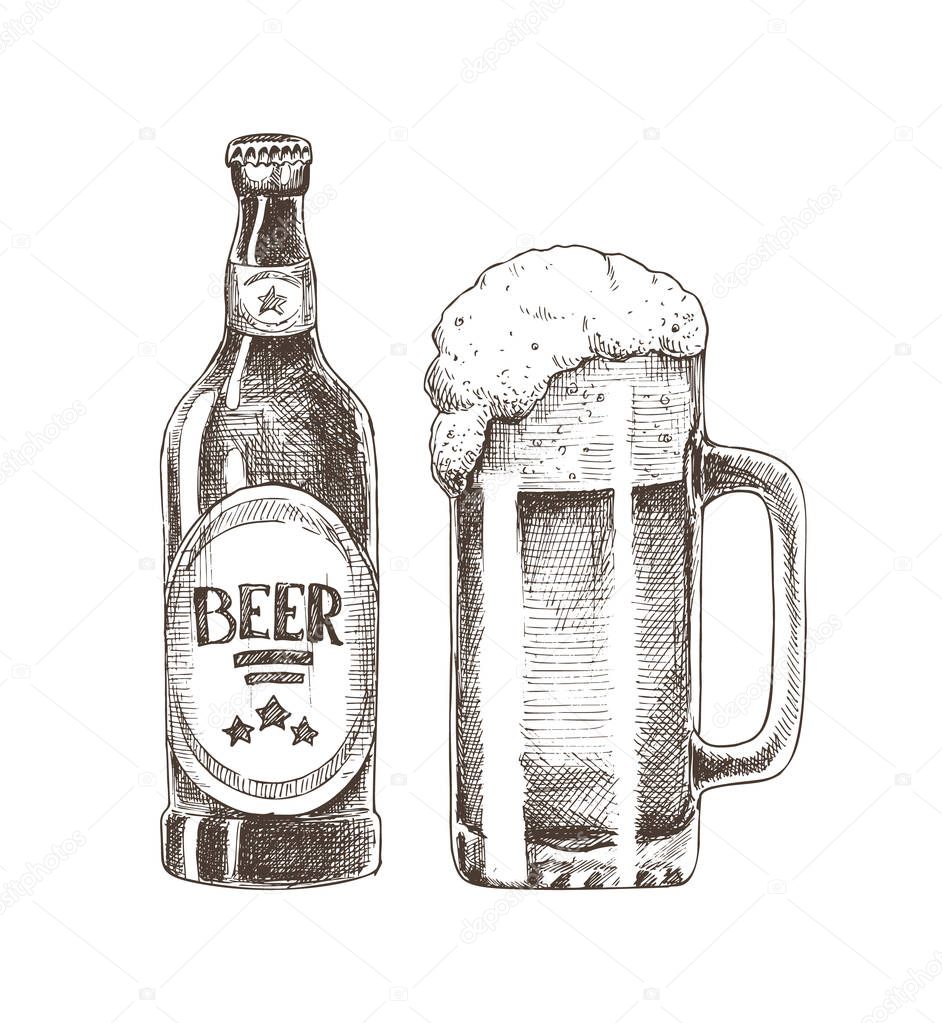 Beer Bottle and Glass Cup Vector Illustration