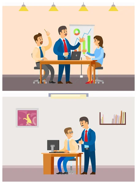 Jefe Empleador con Empleados, Reunión de Equipo — Vector de stock