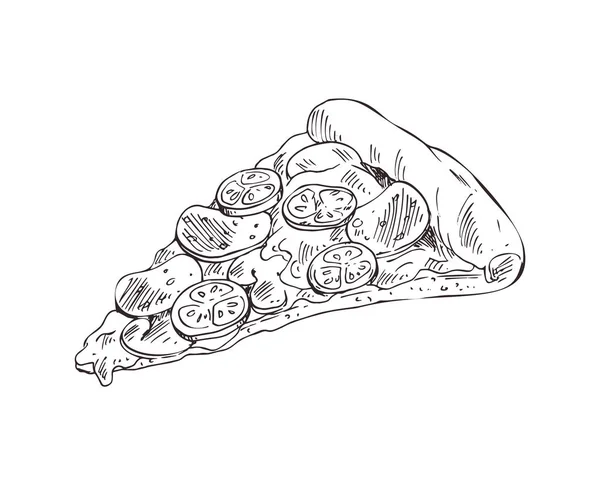 Pizza dibujado a mano rebanada vector monocromo boceto — Vector de stock