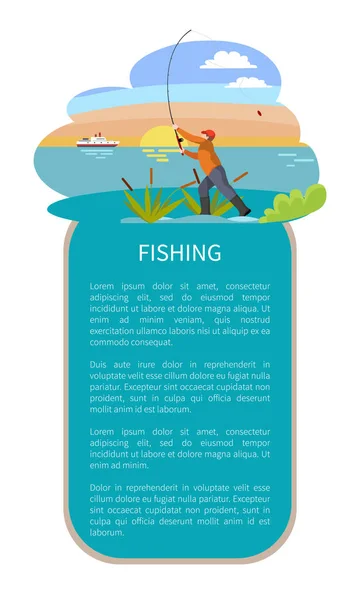 Rybołówstwa, w pobliżu jeziora człowiek rzucanie wędzisko wędkarskie — Wektor stockowy