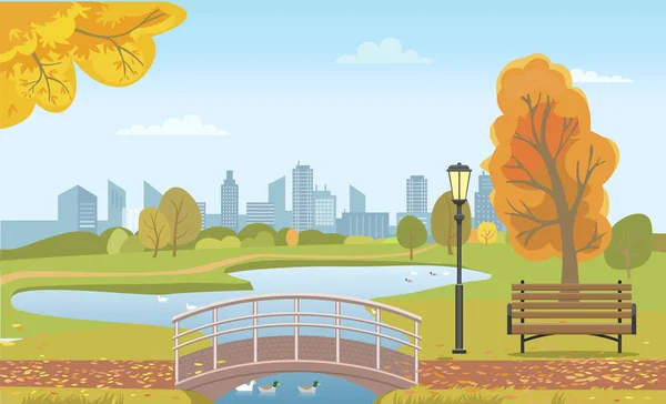 Herbstlicher Stadtpark mit Teich und Enten unter Brücke — Stockvektor