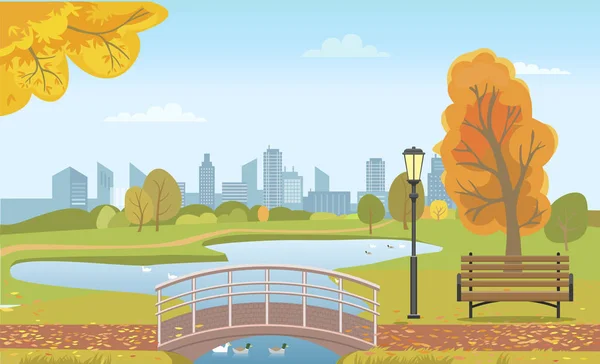 Parque de la Ciudad de Otoño con estanque y patos bajo puente — Vector de stock