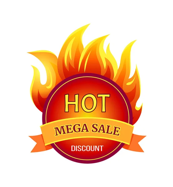 Oferta caliente de la insignia del descuento de la venta Mega, fuego ardiente — Vector de stock