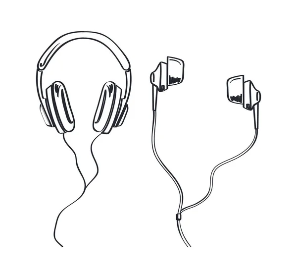 Tipos de auriculares, Auriculares Bocetos monocromáticos — Vector de stock