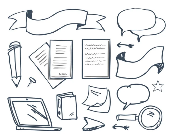 Papier de bureau et crayon avec broches Icônes vecteur — Image vectorielle